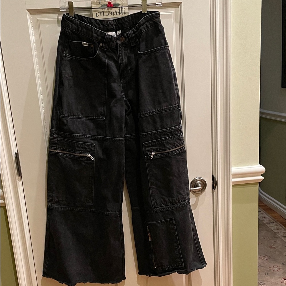 Ragged Priest Black Wide Leg Jeans Size 28 frayed hem see pictures